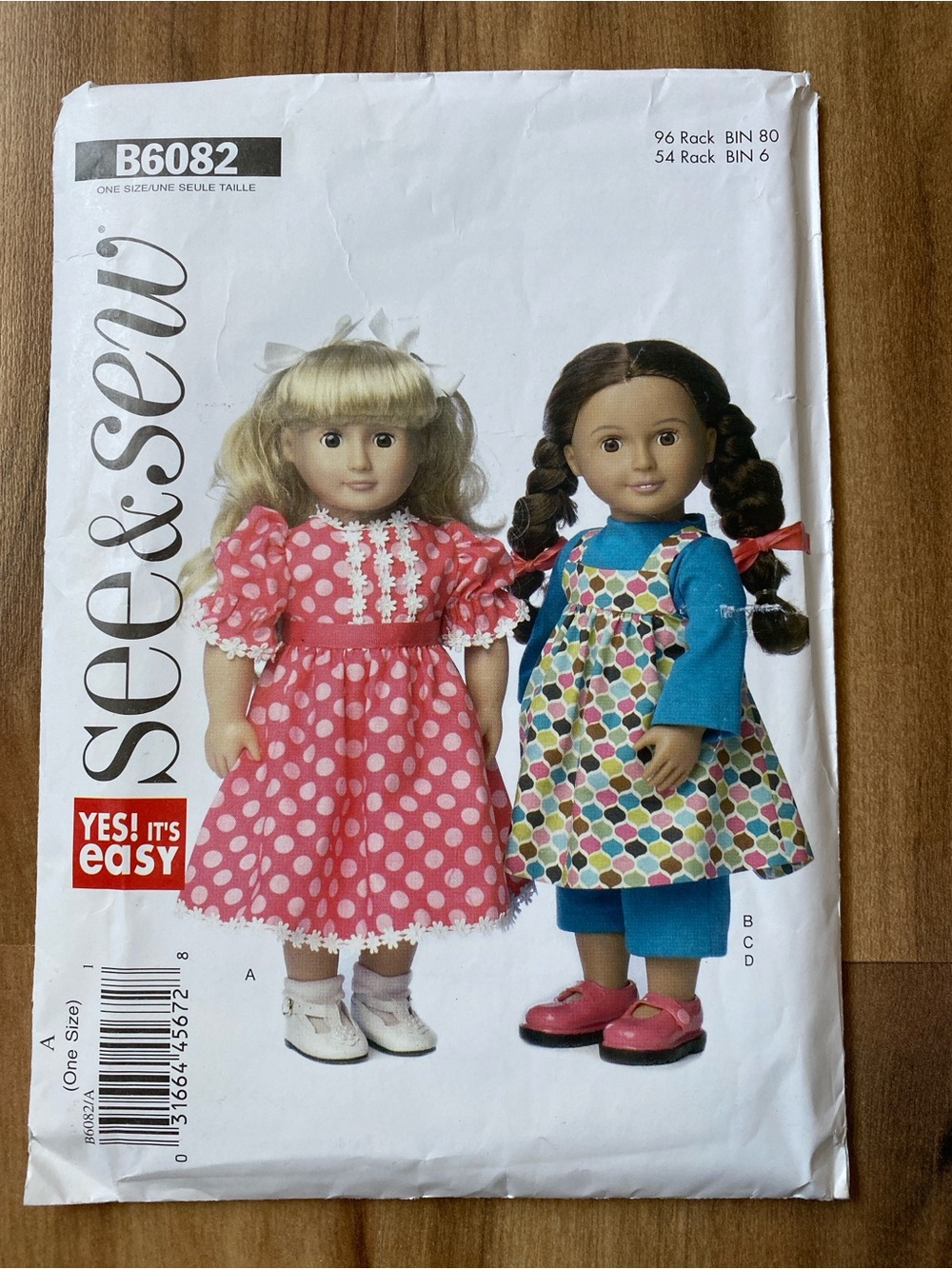 Girls' Doll Outfit Pattern B6082 - Pink Polka Dot Dress & Multi-Color Pinafore